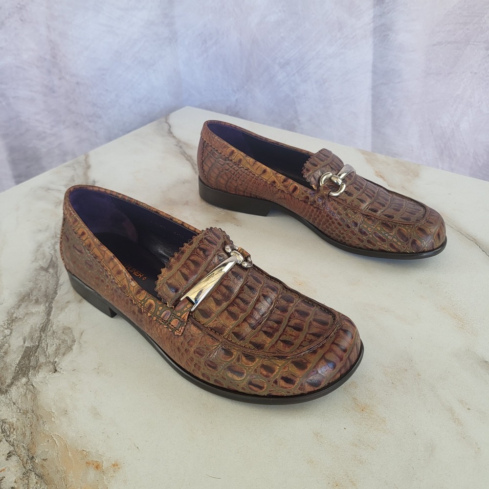 Donald J Pliner Cocodile Embossed Horsebit Loafers Brown Women's Size 8.5 M